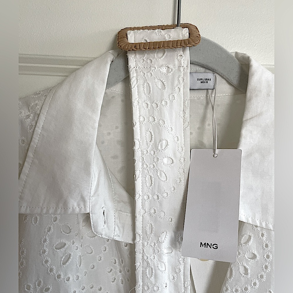 NTW MANGO LONG SLEEVE WHITE COTTON EYELET SHIRTDRESS, SIZE L - Picture 6 of 15